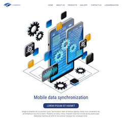 Mobile data synchronization 3d isometric vector concept illustration