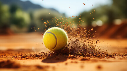 Shot in motion, tennis ball bouncing on a tennis dirt court, tennis court with dust splash.