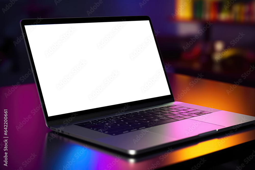 Poster laptop on a dark background with a white blank display. the concept of replenishment of content in a