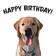 Happy birthday card with a dog, holiday design. Mixed-breed dog illustration on a white background, vector style. Hand-drawn doodles of a golden retriever. Greeting for dog lover. Playful party card.