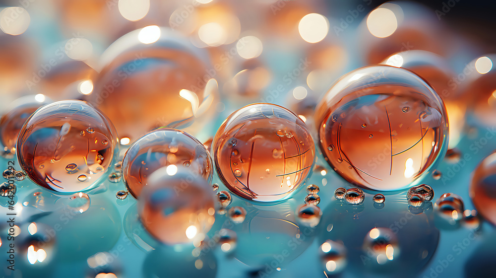 Poster abstract light background with water drops close-up, macro shot of round spheres - soft light backgr