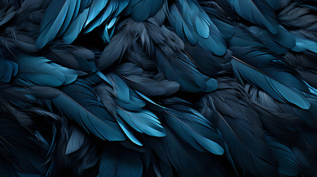 solid background of black and blue raven feathers macro details