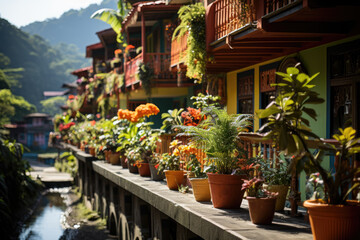 Colorful buildings nestled amidst a lush tropical jungle backdrop.  Generative AI.