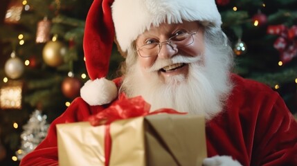 Smiling Santa Claus is putting gifts under the Christmas tree. Generative AI