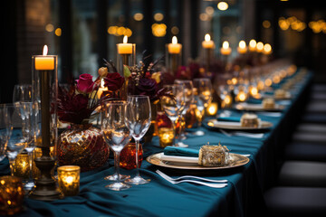 Fototapeta na wymiar Lavishly decorated tables set for a gathering or a celebratory event. Generative AI.