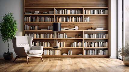 Interior of a large modern living room or home library with white and wooden walls, wooden floor, comfortable armchair and bookcase