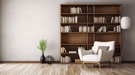 Interior of a large modern living room or home library with white and wooden walls, wooden floor, comfortable armchair and bookcase