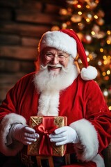 Smiling Santa Claus is putting gifts under the Christmas tree. Generative AI