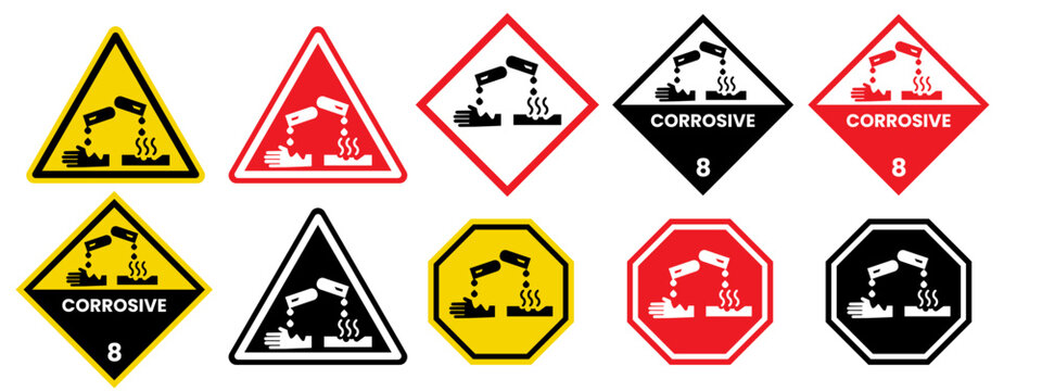 Corrosive Icon. Industry chemical acid corrosion safety instruction symbol. Vector set of danger sign for caution warning. Flat outline of industrial hazardous toxic liquid substance. skin Risk Logo 