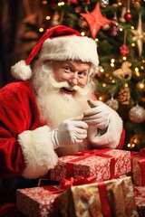 Fototapeta na wymiar Smiling Santa Claus is putting gifts under the Christmas tree. Generative AI