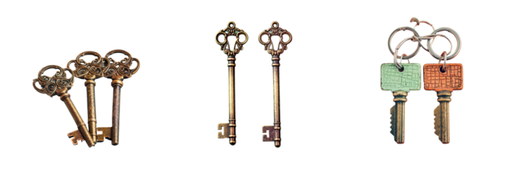 A pair of old keys on a cork backdrop transparent background
