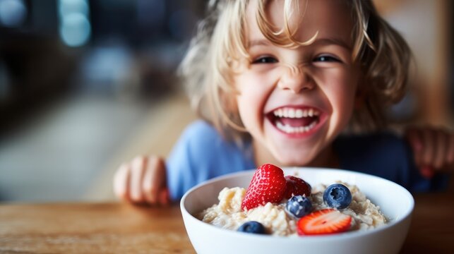 Naklejka Smiling adorable child having breakfast eating oatmeal porridge with berries. Generative AI