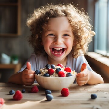 Naklejki Smiling adorable child having breakfast eating oatmeal porridge with berries. Generative AI