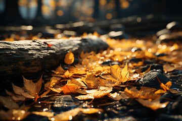 Golden leaves flutter down from trees, creating a carpet of vibrant colors on the ground. Concept of Fall Foliage. Generative Ai.
