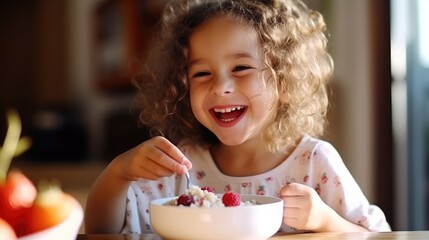 Smiling adorable child having breakfast eating oatmeal porridge with berries. Generative AI