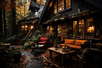 Fototapeta na wymiar A cozy cabin in the woods is embraced by a tapestry of red, orange, and yellow leaves, capturing the rustic beauty of autumn. Concept of Woodland Retreat. Generative Ai.