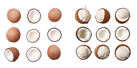 Top view of coconut dishes laid out in a row on a transparent background Coconut themed arrangement - obrazy, fototapety, plakaty