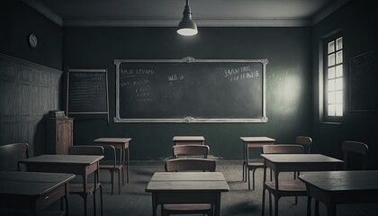 Desolate Classroom: Abandoned Desks and Chalkboard Remain as Sole Witnesses to Past Learning