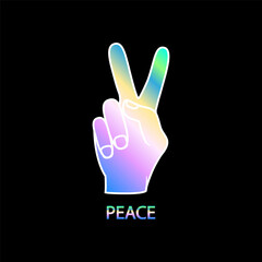 Hand showing peace sign, futuristic multicolored sticker.