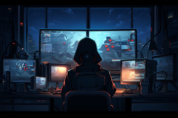 Hacker sitting at the computer cyber security and antispyware concept