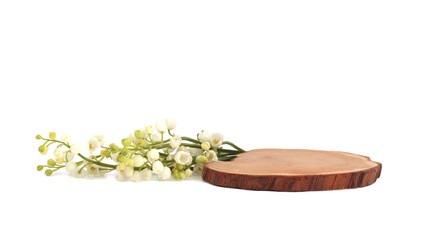 Stump Wood disk  platform podium and  flower on white background. Minimal empty display product presentation scene.