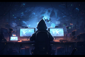 hacker sitting at the computer, cyber security and anti-spyware concept