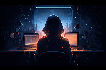 hacker sitting at the computer, cyber security and anti-spyware concept