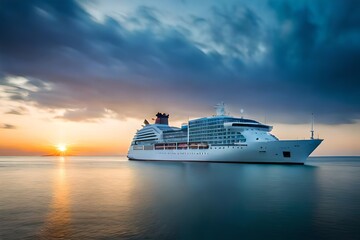 cruise ship at sunset - obrazy, fototapety, plakaty
