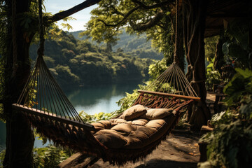 A hammock hangs between trees in a lush forest, providing a secluded oasis for travelers seeking a peaceful escape. Generative Ai.