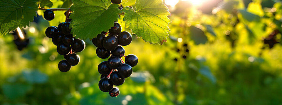 A branch with Natural blackcurrant on a blurred background of a currant garden at golden hour. The concept of organic, local, seasonal fruits and harvest	
