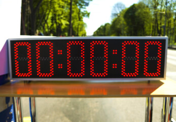 Sports electronic board on start. Countdown. Electronic stop watch, Digital  scoreboard. The...