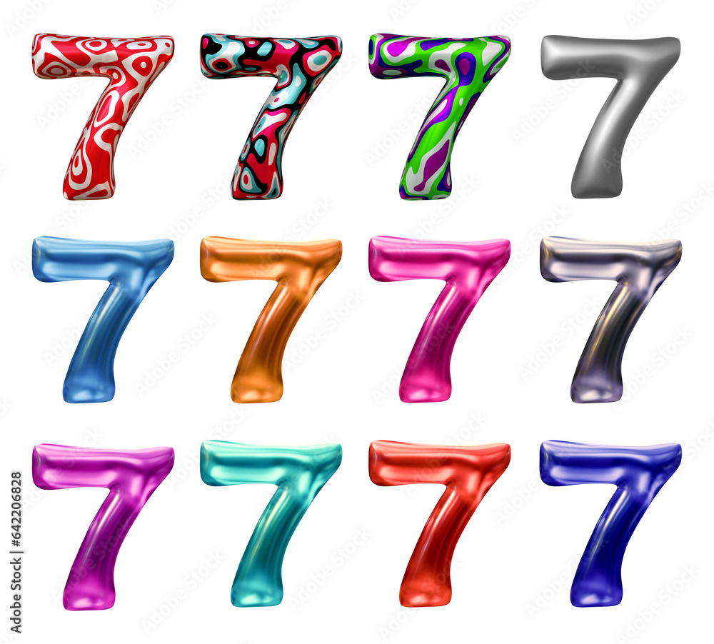 Aufkleber set of number 7 in 3d rendering isolated on transparent background for math, business and education 