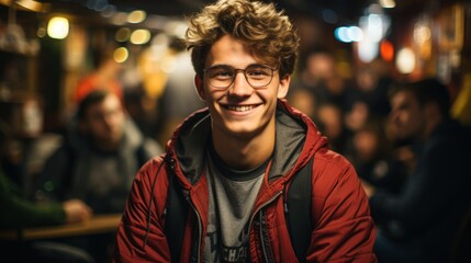 Fototapeta premium Group of people listening to stand up in a bar and laughing