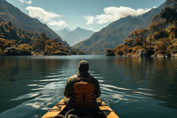 A traveler enjoys a leisurely paddle on a calm lake, finding solace in the rhythmic motion of the water and the beauty of the surroundings. Generative Ai.