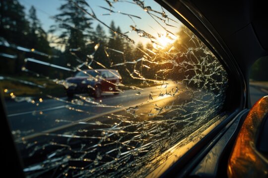 Moments Frozen: The Unsettling Image of a Windshield Chipped by Impact, as Seen from Inside the Car