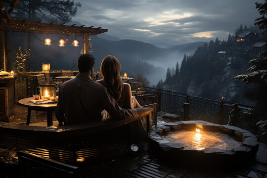 A couple relaxes in a private hot tub on a cabin's deck, embracing the warmth and tranquility of their secluded mountain retreat. Generative Ai. - Powered by Adobe