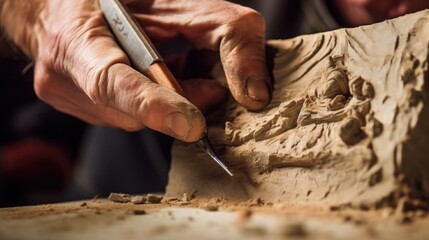 Close-up of a sculptor's hands carving marble