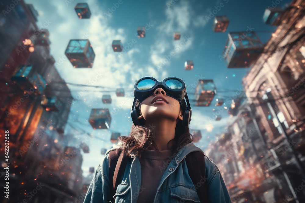 Poster a person exploring a virtual reality (vr) environment of a futuristic blockchain city, envisioning t
