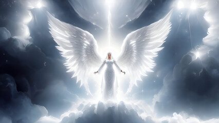 An arc angel with large shimmering pure white wings, hair and dress - Generative AI