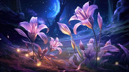 Cosmic lily in universe. Fantasy fairy tale abstract blossoming flowers with galaxy space illustration in the background with stars in cosmos. Neon psychedelic floral picture for card and banner..