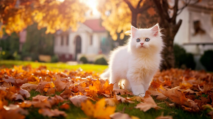 Cute white kitten walking in bright autumn leaves on an autumn sunny day