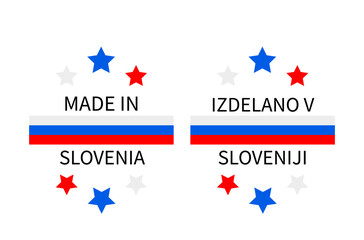 Obraz na płótnie Canvas Made in Slovenia labels in English and in Slovenian languages. Quality mark vector icon. Perfect for logo design, tags, badges, stickers, emblem, product package, etc