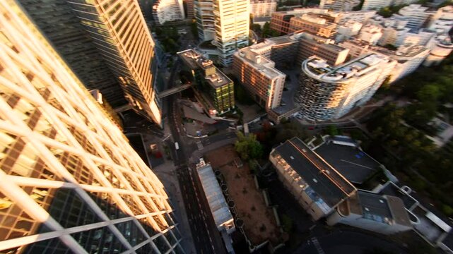 Paris Aerial. Modern La Defense parisian business district French Manhattan, FPV drone aerial view. Aerial drone shot of the modern La Defense business district in Paris. 
