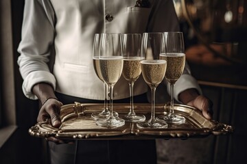 Waiter holding champagne glasses on a tray concept of Beverage service 