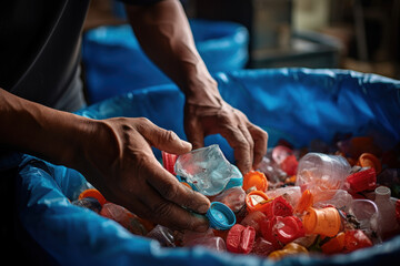 A close-up of a person's hand sorting recyclable materials from waste, highlighting the importance of responsible waste management. Generative Ai.