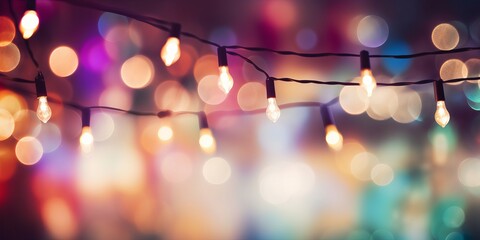 Background with Christmas lights and garlands. Bokeh lights in a rainbow of colors, giving a joyful and enchanted mood.