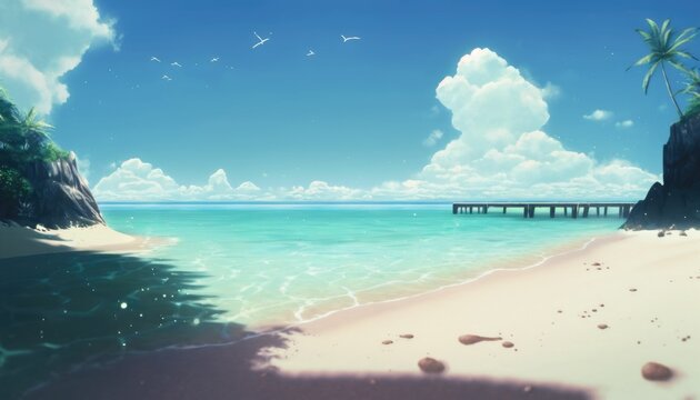 Serene Shoreline: A Cell-Shaded Anime Background Depicting a Beautiful Beach