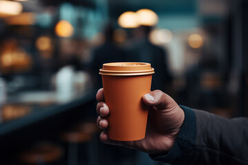 A close-up of a person's hand using a reusable coffee cup at a cafe, reducing the need for single-use takeaway containers. Generative Ai.