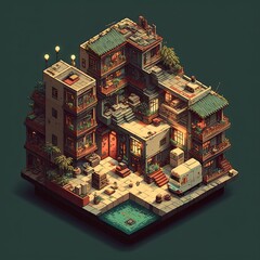Isometric Pixel Art of Kowloon Walled City: A Vibrant Display of Optimism and Creativity in Gigapixel Scale - obrazy, fototapety, plakaty