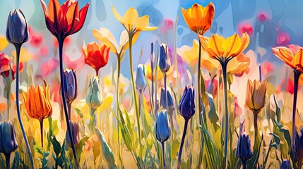 Landscape with blooming tulips. Fresh spring flowers. Illustration for banner, card, postcard, poster, cover or presentation.